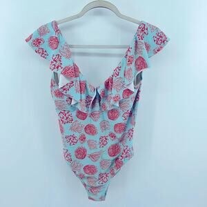 Agua Maria Matilda coral print ruffle scoop back one piece swimsuit sz L